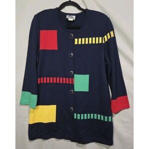 80s 90s Mita Colorblock Cardigan Sweater or Mod Dress Sz 14 With Shoulder Pads
